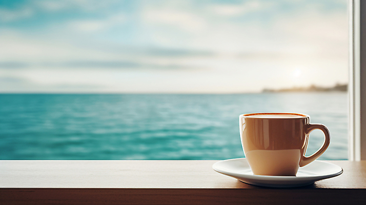 JPG 편집이미지 여유 커피 바다 휴식 풍경 사람없음 커피잔 창가 블러효과 편집실사 AI포토 AI콘텐츠 감정 음료 컨셉 창문 잔 CG 블러 파일형식 효과