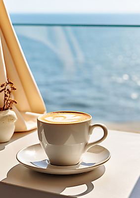 JPG 편집이미지 여유 커피 바다 휴식 풍경 사람없음 커튼 커피잔 창가 블러효과 편집실사 AI포토 AI콘텐츠 감정 음료 컨셉 창문 잔 CG 블러 파일형식 효과