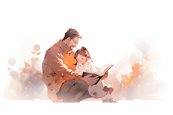 전신 PSD 여자 남자 딸 어린이 일러스트 가족 미소 앉기 소녀 성인 두명 책 부모 독서 자녀 아빠 읽기 부녀 국내일러스트 관계 모션 표정 사람 파일형식