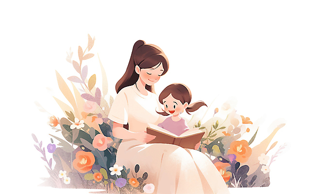 PSD 여자 꽃 딸 어린이 일러스트 가족 모녀 엄마 미소 앉기 소녀 상반신 성인 두명 책 부모 독서 자녀 읽기 여자만 국내일러스트 식물 관계 모션 표정 사람 파일형식
