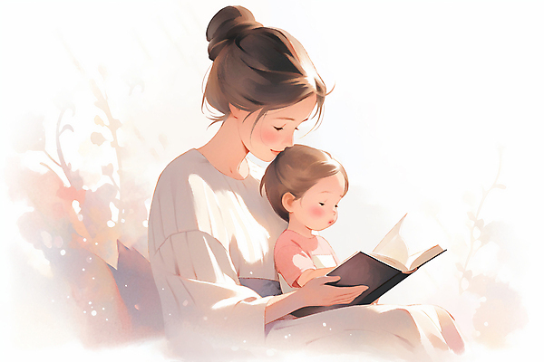 PSD 여자 딸 어린이 일러스트 가족 모녀 엄마 미소 앉기 소녀 상반신 성인 두명 책 부모 독서 자녀 읽기 여자만 국내일러스트 관계 모션 표정 사람 파일형식