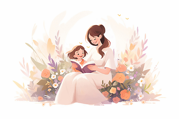 전신 PSD 여자 꽃 딸 어린이 일러스트 가족 모녀 엄마 미소 앉기 소녀 상반신 성인 두명 책 부모 독서 자녀 읽기 여자만 국내일러스트 식물 관계 모션 표정 사람 파일형식