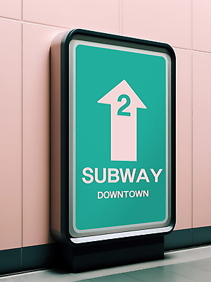 PSD 편집이미지 화살표 분홍색 하늘색 하늘 사람없음 표지판 전철 디지털합성 사인 민트색 편집소스 미니멀 이미지편집 육상교통 컬러 대중교통 알림판 파란색 파일형식