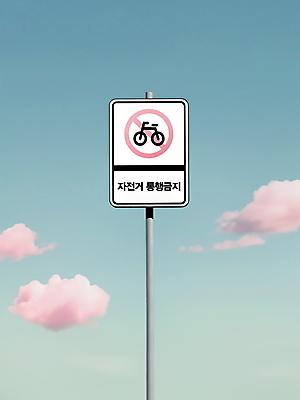 PSD 구름 편집이미지 분홍색 하늘색 하늘 사람없음 자전거 금지 표지판 디지털합성 사인 자전거통행금지 통행금지 편집소스 미니멀 이미지편집 자연요소 컬러 알림판 파란색 바이크 파일형식
