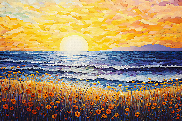 JPG 꽃 파도 바다 백그라운드 잎 일러스트 초원 사람없음 태양 일출 일몰 풀 점묘화 국내일러스트 AI일러스트 AI콘텐츠 자연요소 식물 미술 노을 파일형식