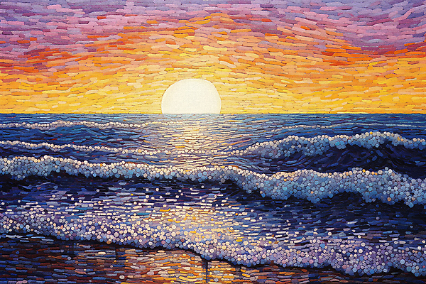 JPG 파도 바다 백그라운드 일러스트 해변 사람없음 태양 일출 일몰 점묘화 국내일러스트 AI일러스트 AI콘텐츠 자연요소 미술 노을 파일형식