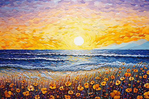 JPG 꽃 파도 바다 백그라운드 잎 일러스트 초원 사람없음 태양 일출 일몰 풀 점묘화 국내일러스트 AI일러스트 AI콘텐츠 자연요소 식물 미술 노을 파일형식