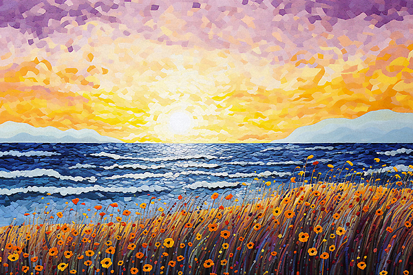 JPG 꽃 파도 바다 백그라운드 잎 일러스트 초원 사람없음 태양 일출 일몰 풀 점묘화 국내일러스트 AI일러스트 AI콘텐츠 자연요소 식물 미술 노을 파일형식