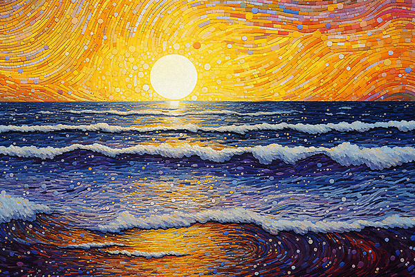 JPG 파도 바다 백그라운드 일러스트 해변 사람없음 태양 일출 일몰 점묘화 국내일러스트 AI일러스트 AI콘텐츠 자연요소 미술 노을 파일형식