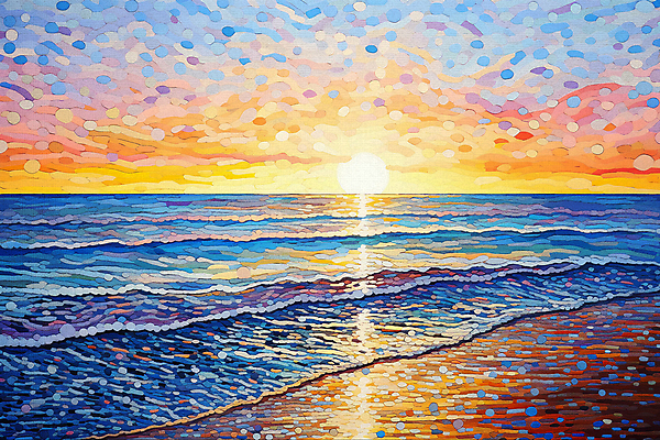 JPG 파도 바다 백그라운드 일러스트 해변 사람없음 태양 일출 일몰 점묘화 국내일러스트 AI일러스트 AI콘텐츠 자연요소 미술 노을 파일형식