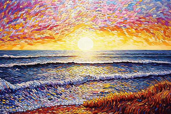 JPG 파도 바다 백그라운드 일러스트 해변 사람없음 태양 일출 일몰 점묘화 국내일러스트 AI일러스트 AI콘텐츠 자연요소 미술 노을 파일형식