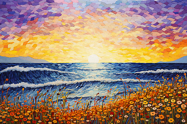 JPG 꽃 파도 바다 백그라운드 잎 일러스트 초원 사람없음 태양 일출 일몰 풀 점묘화 국내일러스트 AI일러스트 AI콘텐츠 자연요소 식물 미술 노을 파일형식