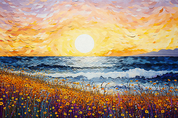 JPG 꽃 파도 바다 백그라운드 잎 일러스트 초원 사람없음 태양 일출 일몰 풀 점묘화 국내일러스트 AI일러스트 AI콘텐츠 자연요소 식물 미술 노을 파일형식