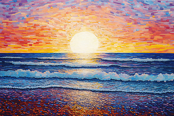 JPG 파도 바다 백그라운드 일러스트 해변 사람없음 태양 일출 일몰 점묘화 국내일러스트 AI일러스트 AI콘텐츠 자연요소 미술 노을 파일형식