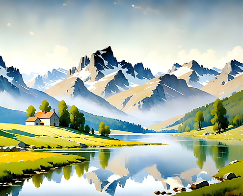 JPG 나무 호수 백그라운드 일러스트 자연 풍경 사람없음 강 봄 시골 교외 국내일러스트 AI일러스트 AI콘텐츠 식물 계절 생태계 파일형식