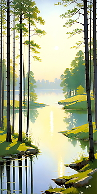 JPG 나무 호수 백그라운드 일러스트 자연 풍경 사람없음 강 봄 시골 교외 국내일러스트 AI일러스트 AI콘텐츠 식물 계절 생태계 파일형식