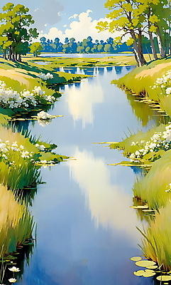 JPG 나무 호수 백그라운드 일러스트 자연 풍경 사람없음 강 봄 시골 교외 국내일러스트 AI일러스트 AI콘텐츠 식물 계절 생태계 파일형식