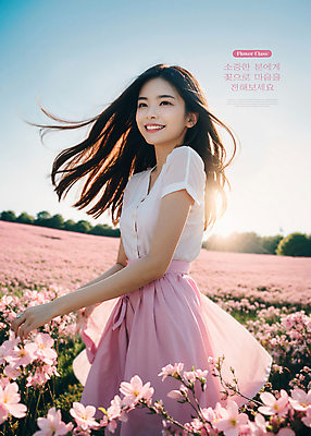 PSD 편집이미지 여자 꽃 분홍색 꽃밭 한명 웃음 풍경 상반신 성인 봄 화사함 의료성형뷰티 성인여자한명만 이미지편집 식물 1 계절 컬러 컨셉 표정 사람 여자한명만 성인여자만 파일형식