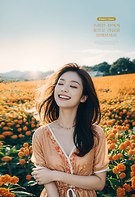 PSD 편집이미지 여자 꽃 꽃밭 한명 웃음 풍경 상반신 성인 주황색 봄 화사함 의료성형뷰티 성인여자한명만 이미지편집 식물 1 계절 컬러 컨셉 표정 사람 여자한명만 성인여자만 파일형식
