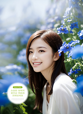 PSD 편집이미지 여자 꽃 한명 웃음 풍경 상반신 성인 파란색 봄 화사함 의료성형뷰티 성인여자한명만 이미지편집 식물 1 계절 컬러 컨셉 표정 사람 여자한명만 성인여자만 파일형식