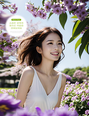 PSD 편집이미지 여자 꽃 꽃밭 한명 웃음 풍경 상반신 성인 보라색 봄 화사함 의료성형뷰티 성인여자한명만 이미지편집 식물 1 계절 컬러 컨셉 표정 사람 여자한명만 성인여자만 파일형식