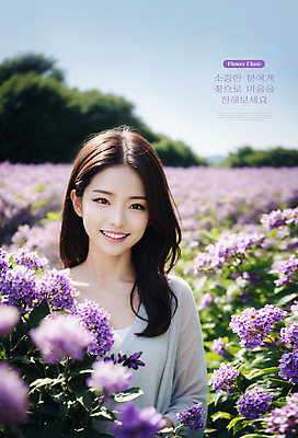 PSD 편집이미지 여자 꽃 꽃밭 한명 웃음 풍경 상반신 성인 보라색 봄 화사함 의료성형뷰티 성인여자한명만 이미지편집 식물 1 계절 컬러 컨셉 표정 사람 여자한명만 성인여자만 파일형식