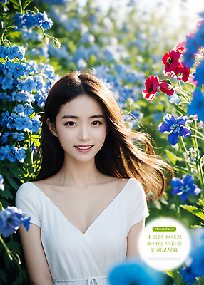 PSD 편집이미지 여자 꽃 꽃밭 한명 웃음 풍경 상반신 성인 파란색 봄 화사함 의료성형뷰티 성인여자한명만 이미지편집 식물 1 계절 컬러 컨셉 표정 사람 여자한명만 성인여자만 파일형식