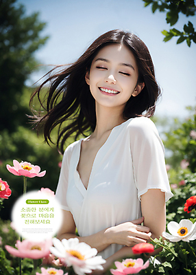PSD 편집이미지 여자 꽃 꽃밭 한명 웃음 풍경 상반신 성인 눈감음 봄 화사함 의료성형뷰티 성인여자한명만 이미지편집 식물 1 계절 컨셉 모션 표정 사람 여자한명만 성인여자만 파일형식