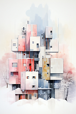 JPG 나무 겨울 일러스트 추상 수채화 주택 풍경 사람없음 건물 컬러풀 눈 번짐 국내일러스트 AI일러스트 AI콘텐츠 자연요소 식물 건축물 계절 컬러 무늬 날씨 파일형식 효과