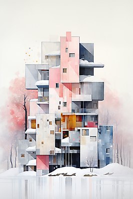 JPG 나무 겨울 일러스트 추상 수채화 주택 풍경 사람없음 건물 컬러풀 눈 번짐 국내일러스트 AI일러스트 AI콘텐츠 자연요소 식물 건축물 계절 컬러 무늬 날씨 파일형식 효과