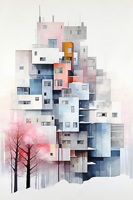 JPG 나무 겨울 일러스트 추상 수채화 주택 풍경 사람없음 건물 컬러풀 눈 번짐 국내일러스트 AI일러스트 AI콘텐츠 자연요소 식물 건축물 계절 컬러 무늬 날씨 파일형식 효과