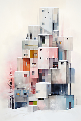 JPG 나무 겨울 일러스트 추상 수채화 주택 풍경 사람없음 건물 컬러풀 눈 번짐 국내일러스트 AI일러스트 AI콘텐츠 자연요소 식물 건축물 계절 컬러 무늬 날씨 파일형식 효과