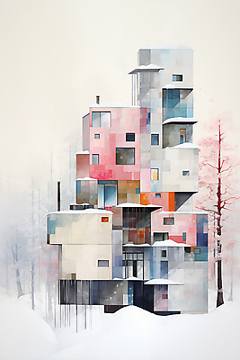 JPG 나무 겨울 일러스트 추상 수채화 주택 풍경 사람없음 건물 컬러풀 눈 번짐 국내일러스트 AI일러스트 AI콘텐츠 자연요소 식물 건축물 계절 컬러 무늬 날씨 파일형식 효과
