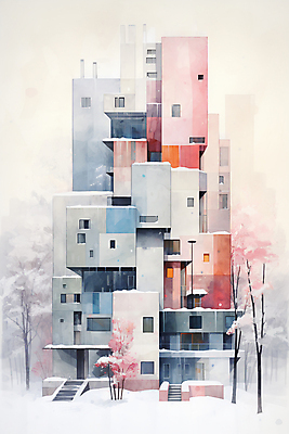 JPG 나무 겨울 일러스트 추상 수채화 주택 풍경 사람없음 건물 컬러풀 눈 번짐 국내일러스트 AI일러스트 AI콘텐츠 자연요소 식물 건축물 계절 컬러 무늬 날씨 파일형식 효과