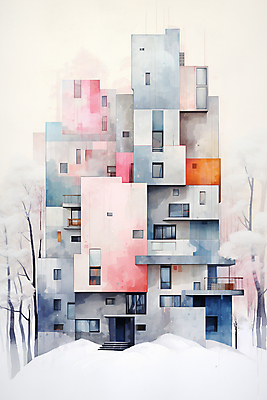 JPG 나무 겨울 일러스트 추상 수채화 주택 풍경 사람없음 건물 컬러풀 눈 번짐 국내일러스트 AI일러스트 AI콘텐츠 자연요소 식물 건축물 계절 컬러 무늬 날씨 파일형식 효과