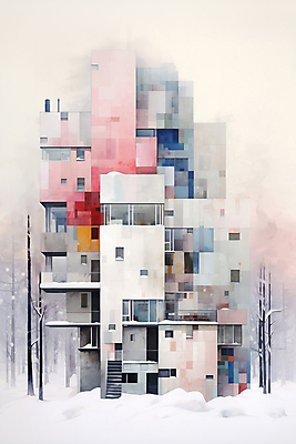JPG 나무 겨울 일러스트 추상 수채화 주택 풍경 사람없음 건물 컬러풀 눈 번짐 국내일러스트 AI일러스트 AI콘텐츠 자연요소 식물 건축물 계절 컬러 무늬 날씨 파일형식 효과