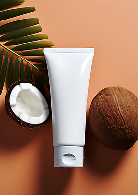 JPG 편집이미지 사람없음 뷰티 화장품 오일 피부 디지털합성 코코넛 천연 보습 코코넛오일 튜브용기 목업 편집실사 AI포토 AI콘텐츠 음식 과일 신체부위 용기_그릇 오일_음식 CG 파일형식