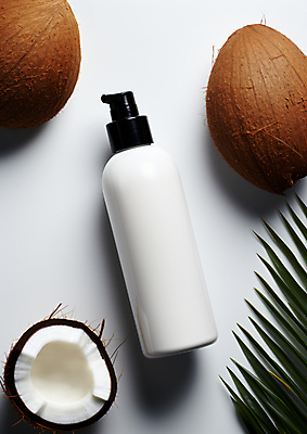 JPG 편집이미지 사람없음 뷰티 화장품 오일 피부 디지털합성 코코넛 천연 보습 코코넛오일 목업 편집실사 AI포토 AI콘텐츠 음식 과일 신체부위 오일_음식 CG 파일형식