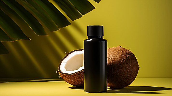 JPG 편집이미지 사람없음 뷰티 화장품 오일 피부 디지털합성 코코넛 천연 보습 코코넛오일 목업 편집실사 AI포토 AI콘텐츠 음식 과일 신체부위 오일_음식 CG 파일형식