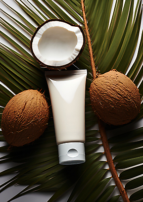 JPG 편집이미지 사람없음 뷰티 화장품 오일 피부 디지털합성 코코넛 천연 보습 코코넛오일 튜브용기 목업 편집실사 AI포토 AI콘텐츠 음식 과일 신체부위 용기_그릇 오일_음식 CG 파일형식