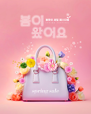 PSD 편집이미지 꽃 분홍색 따뜻함 타이포그라피 사람없음 세일 축제 봄 핸드백 봄맞이 이미지편집 식물 문자 계절 컬러 가방 파일형식