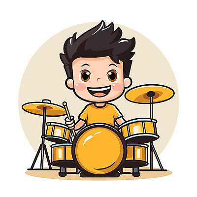 전신 캐릭터 남자 어린이 악기 연주 일러스트 한명 소년 노란색 연주자 밴드 드럼 드러머 소년한명만 일러캐릭터 AI파일 1 음악 컬러 타악기 사람 음악가 남자한명만 소년만 파일형식 벡터