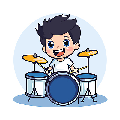 전신 캐릭터 남자 어린이 악기 연주 일러스트 한명 소년 파란색 연주자 밴드 드럼 드러머 소년한명만 일러캐릭터 AI파일 1 음악 컬러 타악기 사람 음악가 남자한명만 소년만 파일형식 벡터