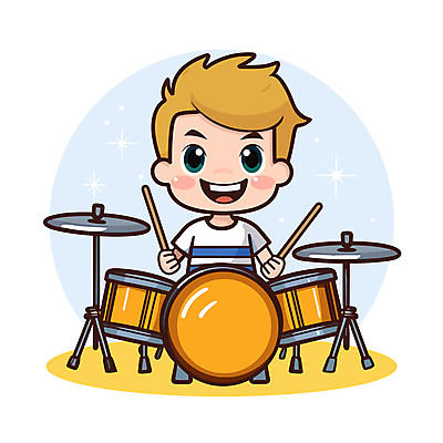 전신 캐릭터 남자 어린이 악기 연주 일러스트 한명 소년 노란색 연주자 밴드 드럼 드러머 소년한명만 일러캐릭터 AI파일 1 음악 컬러 타악기 사람 음악가 남자한명만 소년만 파일형식 벡터