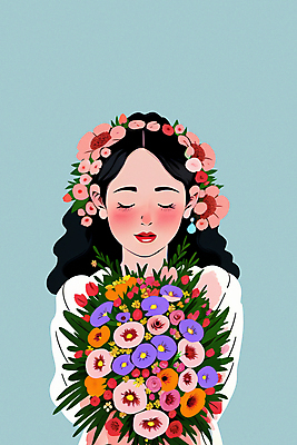 PSD 여자 꽃잎 꽃 꽃다발 일러스트 한명 상반신 성인 뷰티 눈감음 봄 감성 성인여자한명만 국내일러스트 식물 1 계절 컨셉 모션 사람 여자한명만 성인여자만 파일형식