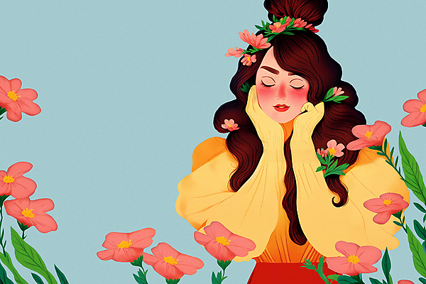 PSD 여자 꽃잎 꽃 꽃다발 일러스트 한명 상반신 성인 뷰티 눈감음 봄 감성 성인여자한명만 국내일러스트 식물 1 계절 컨셉 모션 사람 여자한명만 성인여자만 파일형식