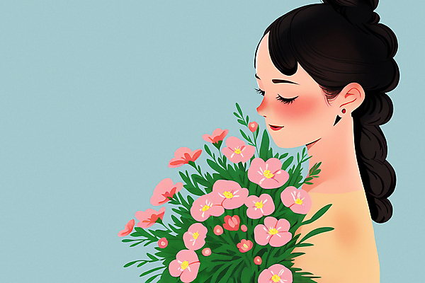 PSD 여자 꽃잎 꽃 꽃다발 일러스트 한명 상반신 성인 뷰티 눈감음 봄 감성 성인여자한명만 국내일러스트 식물 1 계절 컨셉 모션 사람 여자한명만 성인여자만 파일형식