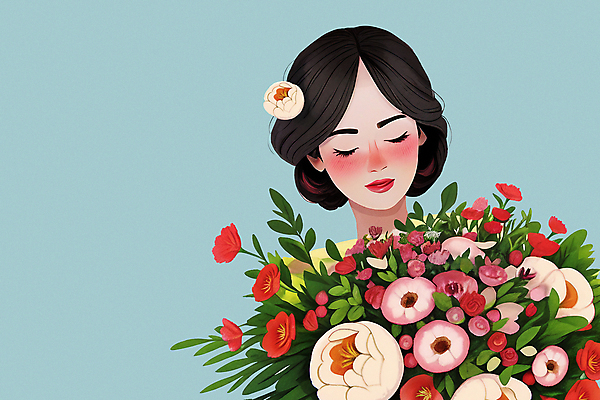 PSD 여자 꽃잎 꽃 꽃다발 일러스트 한명 상반신 성인 뷰티 눈감음 봄 감성 성인여자한명만 국내일러스트 식물 1 계절 컨셉 모션 사람 여자한명만 성인여자만 파일형식