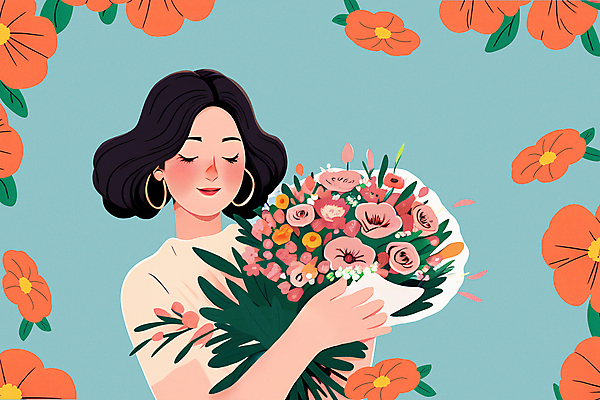 PSD 여자 꽃잎 꽃 꽃다발 일러스트 한명 상반신 성인 뷰티 눈감음 봄 감성 성인여자한명만 국내일러스트 식물 1 계절 컨셉 모션 사람 여자한명만 성인여자만 파일형식