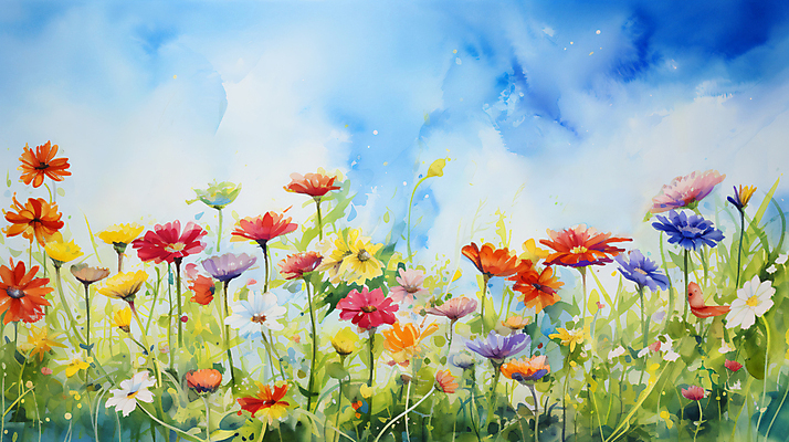 JPG 꽃 꽃밭 일러스트 자연 수채화 풍경 사람없음 봄 그림 화사함 국내일러스트 AI일러스트 AI콘텐츠 식물 계절 컨셉 생태계 파일형식